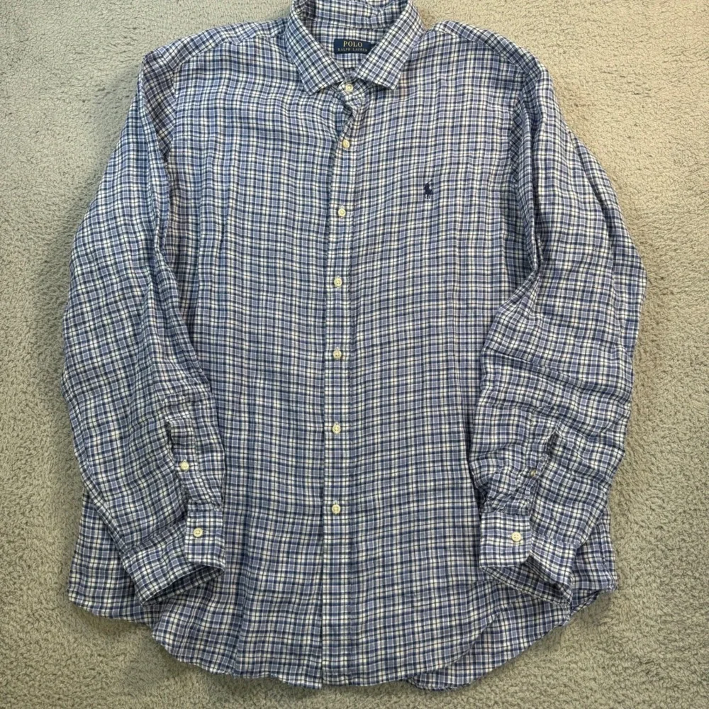 Polo Ralph Lauren Mens XXL Blue White Plaid 100% Linen Button Down Shirt